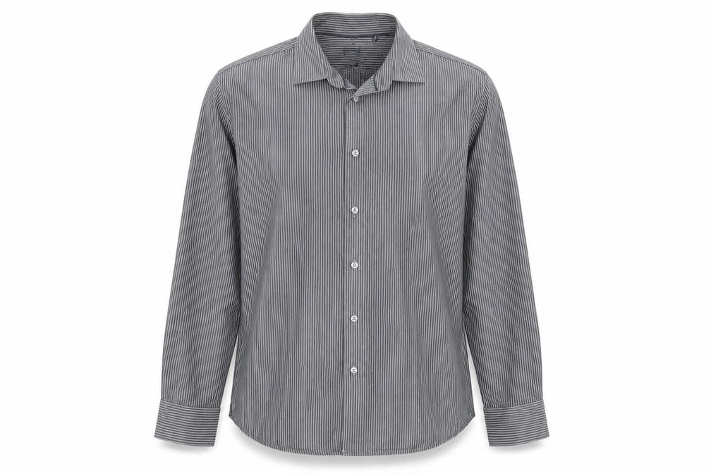 Front view of Arrow men’s grey striped button-up, size 17