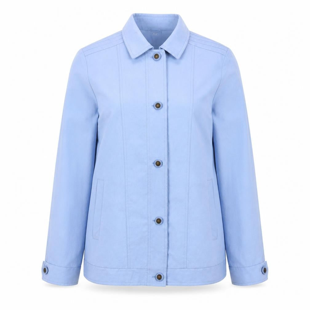 Front view of Klassik women’s blue overcoat coat, size UK 12