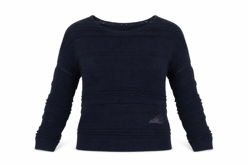 Front view of Zakti women’s blue knit pullover sweatshirt, size S
