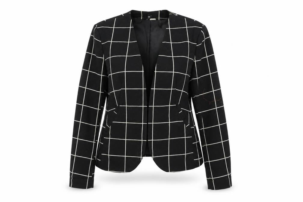 Front view of H&M women’s black check jacket blazer, size UK 14