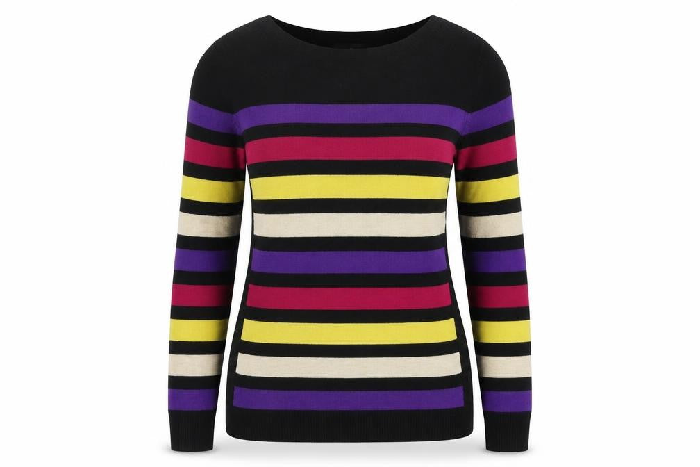 Front view of M&Co women’s black striped jumper, size UK 10