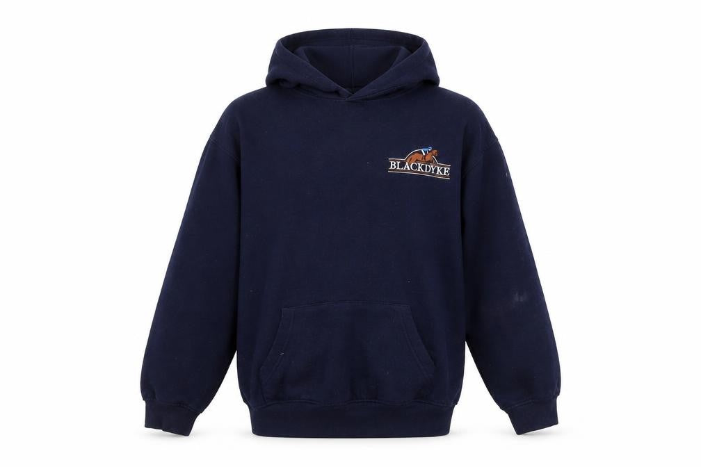Front view of Uneek boys’ blue pullover hoodie, size 11-12, years