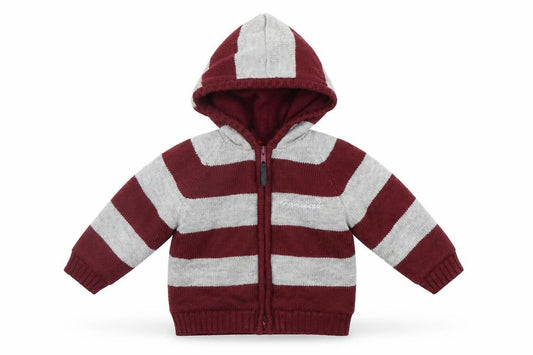 Front view of Hadleigh girls’ red striped full zip jumper, size 12-18, months