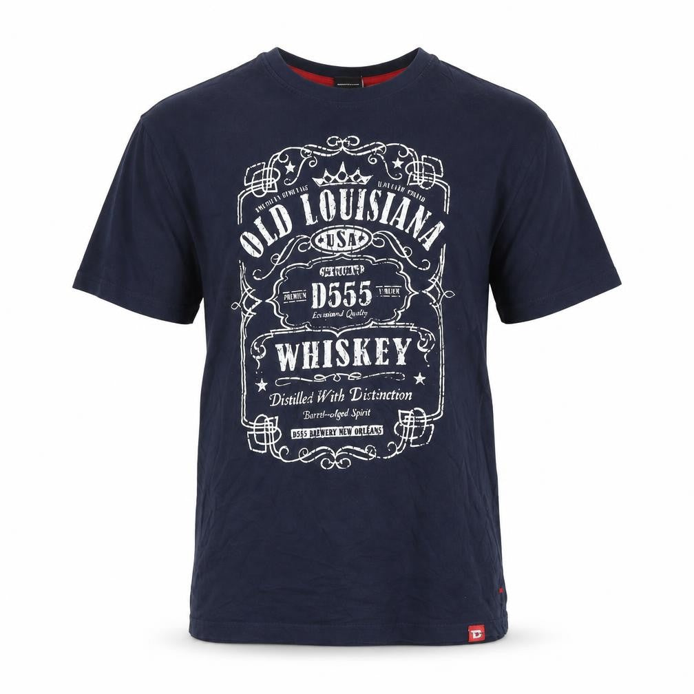Front view of D555 men’s blue t-shirt, size M