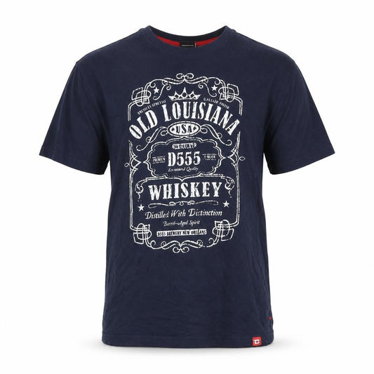 Front view of D555 men’s blue t-shirt, size M