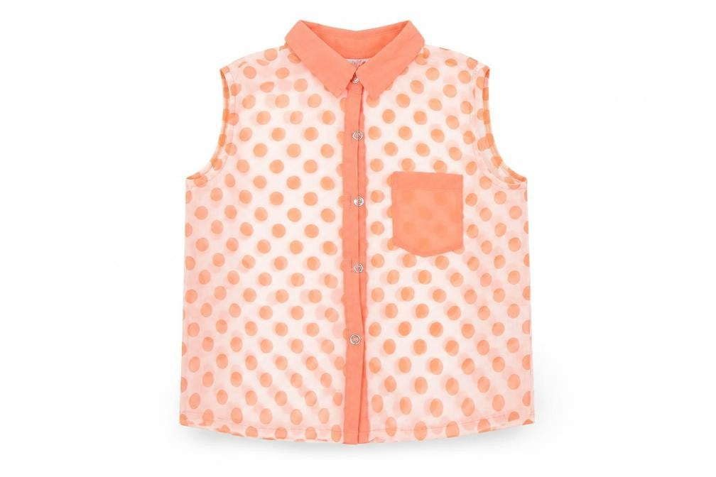 Front view of Love Me girls’ orange spotted basic button-up, size 11-12, years