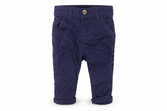 Front view of Denim & Co. boys’ blue jogger trousers, size 6-9, months