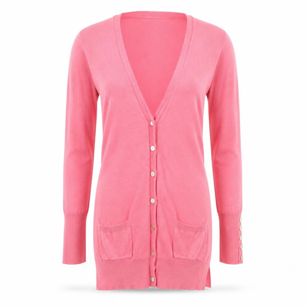 Front view of Next women’s pink cardigan jumper, size UK 6