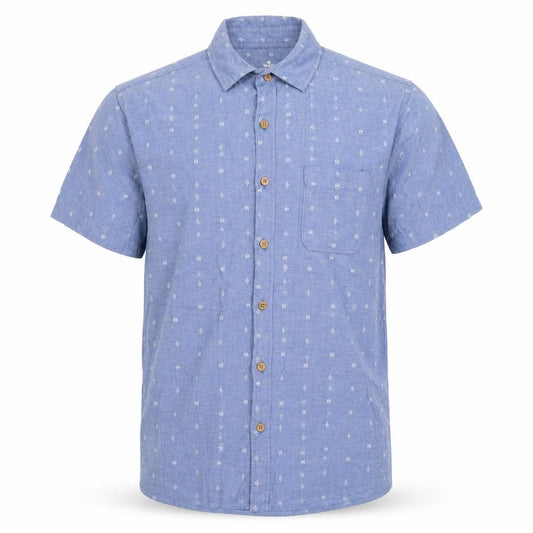 Front view of Easy men’s blue button-up, size L