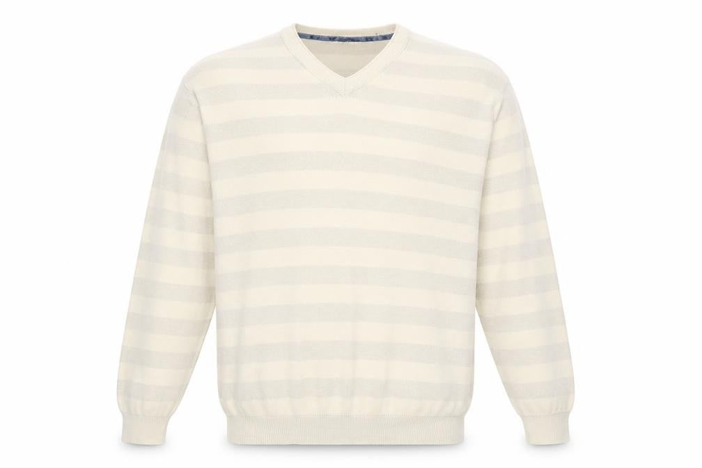 Front view of Stark men’s beige striped knit jumper, size S