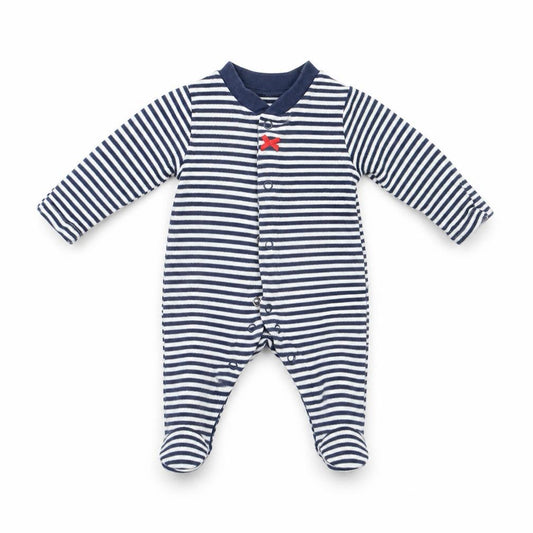 Front view of Marks & Spencer girls’ blue striped babygrow one-piece size newborn - built in mittens
