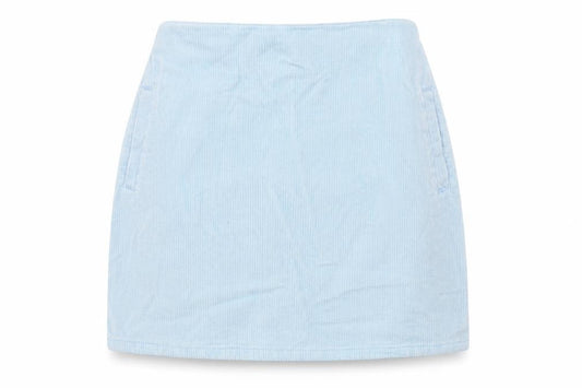 Front view of New Look women’s blue corduroy a-line skirt, size UK 10