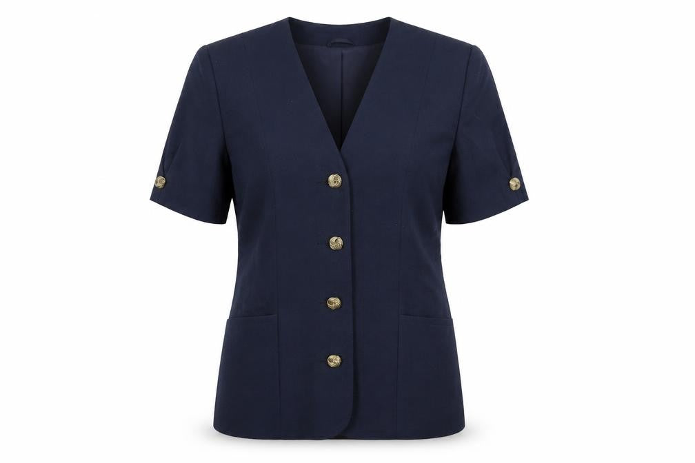 Front view of Preworn women’s blue jacket, size UK 12