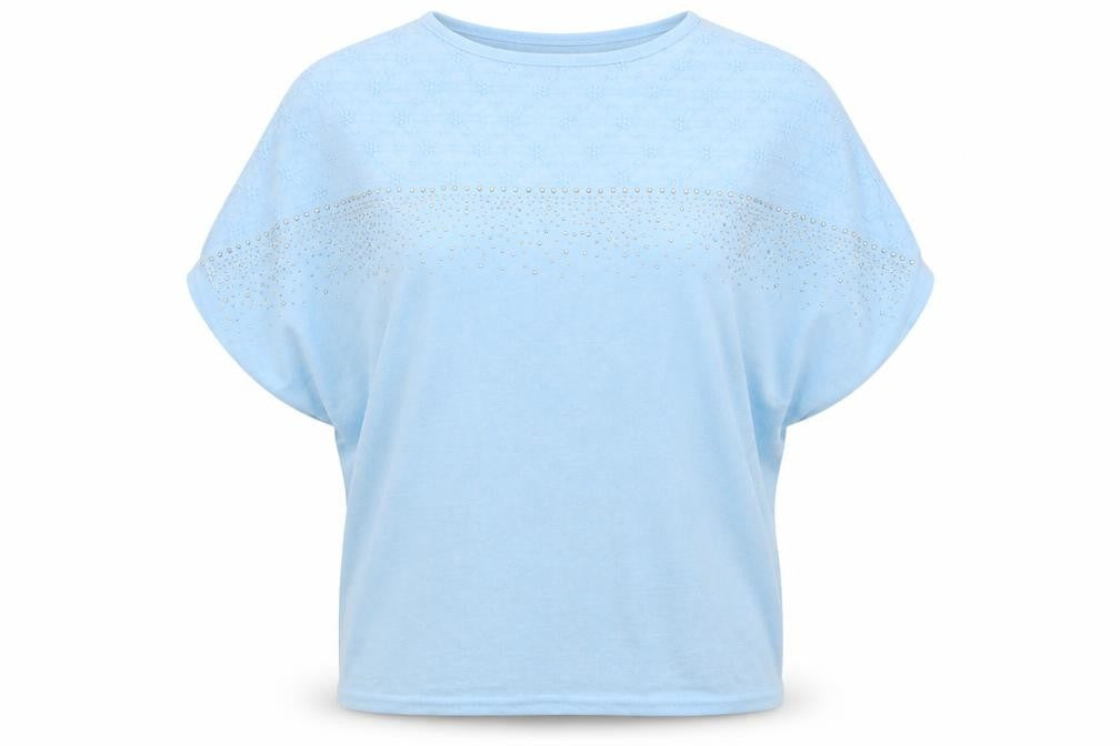 Front view of Casamia women’s blue basic t-shirt, size M