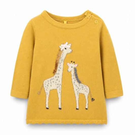 Front view of Tu girls’ yellow jumper, size 3-6, months - giraffes