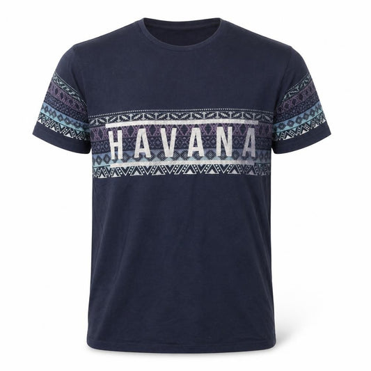 Front view of Cedarwood State men’s blue geometric t-shirt, size S, - havana