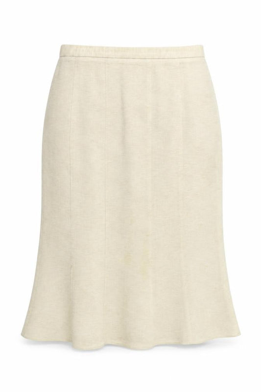 Front view of Frank Walder women’s beige flare skirt, size UK 10