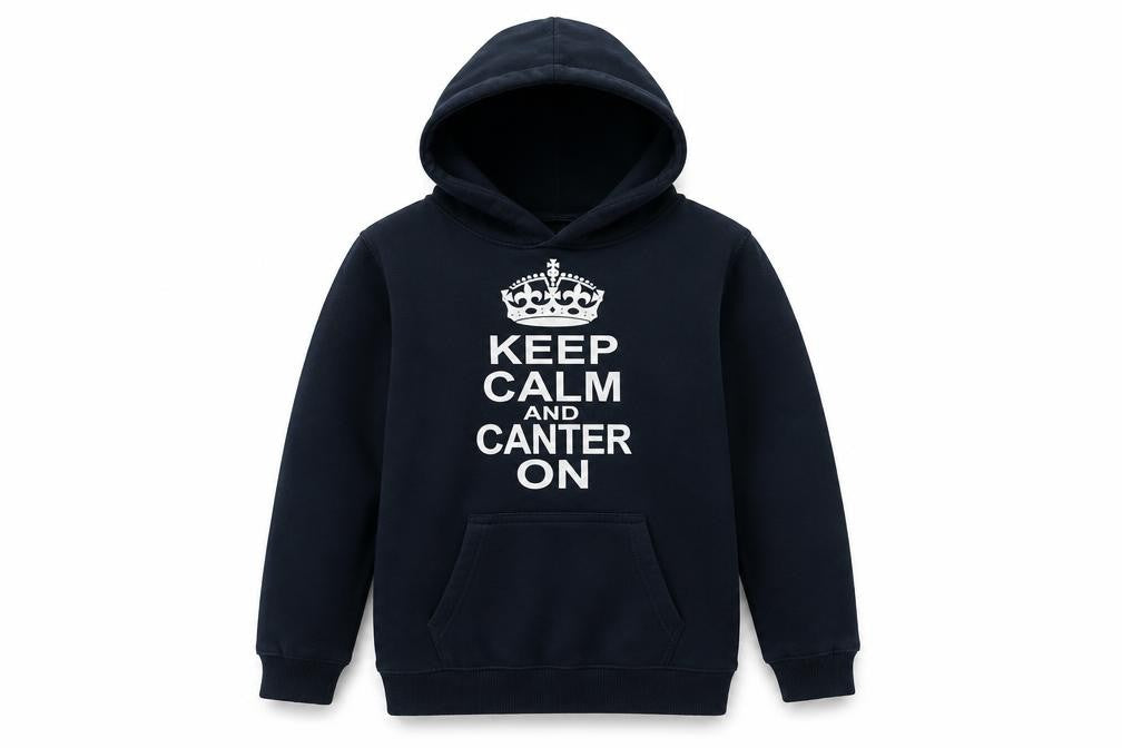 Front view of Awdis girls’ black pullover hoodie, size 12, years - canter on
