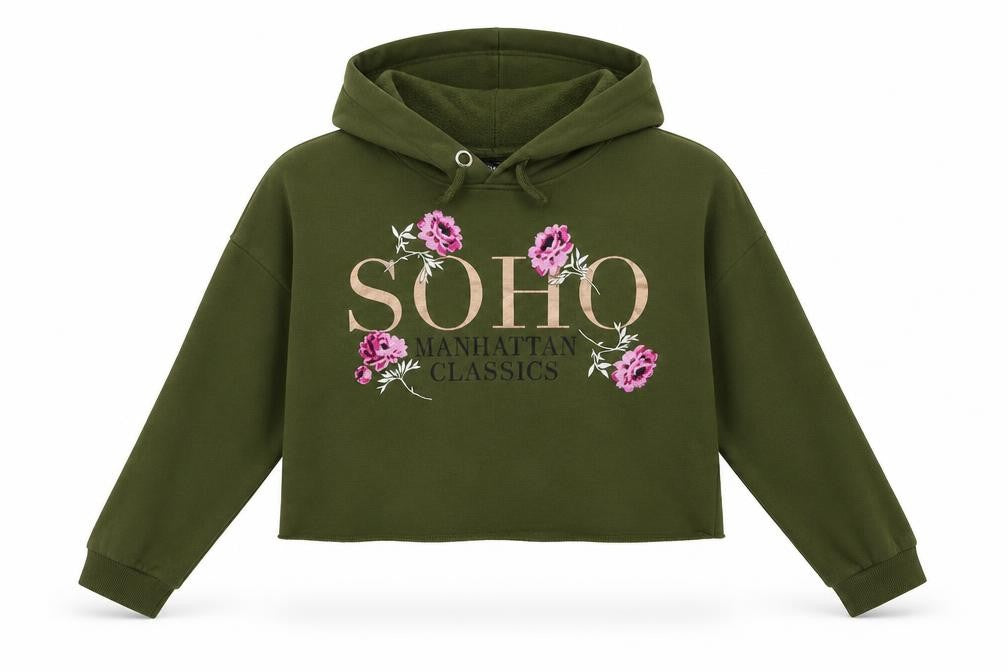 Front view of New Look girls’ green pullover hoodie, size 12, years
