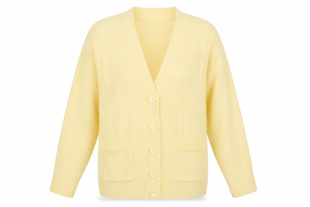 Front view of Preworn women’s yellow argyle/diamond knit cape jumper one size