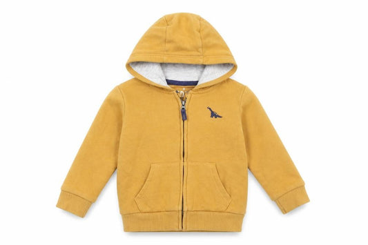 Front view of F&F boys’ yellow full zip jumper, size 6-9, months - dinasour