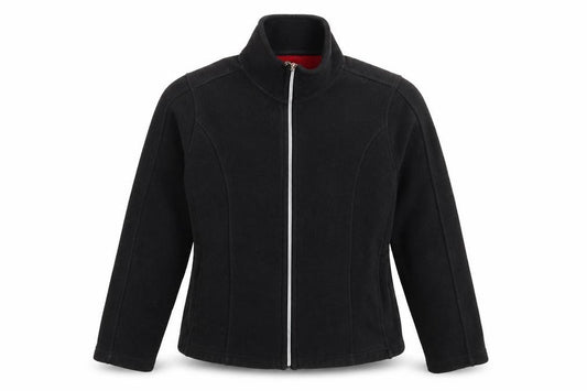 Front view of Au Lieu women’s black fleece jacket, size M