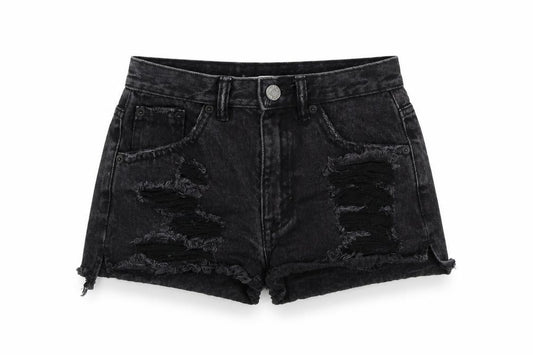Front view of Pull&Bear women’s black colourblock bermuda shorts, size UK 4, - distressed