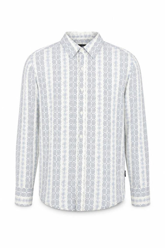 Front view of Peter Werth men’s blue paisley button-up, size S