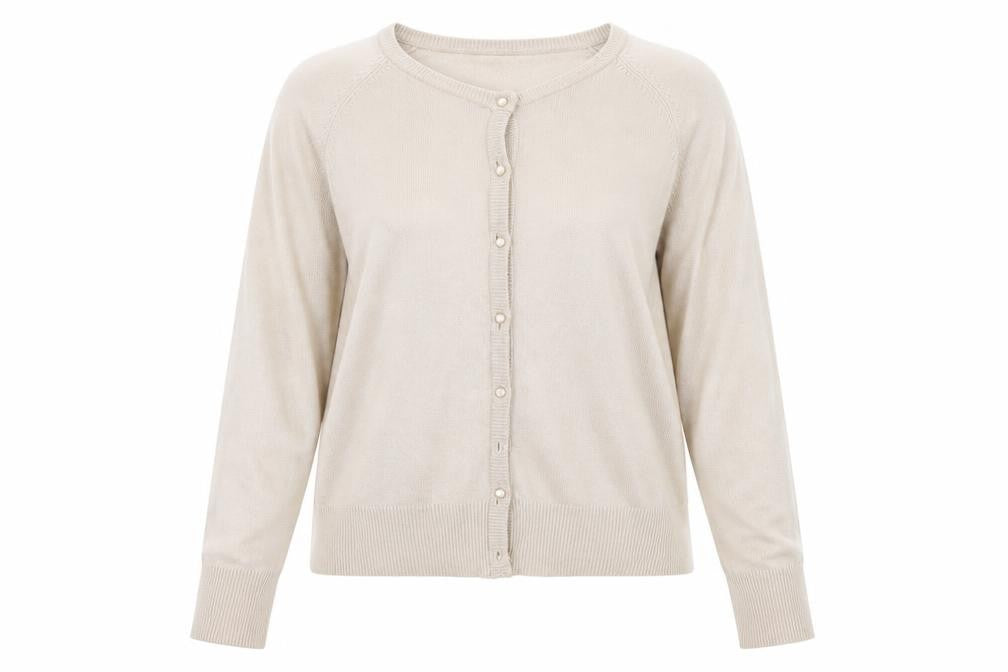 Front view of Sarah Hamilton women’s beige cardigan jumper, size M