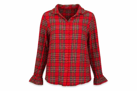 Front view of Boohoo women’s red check basic button-up, size UK 10