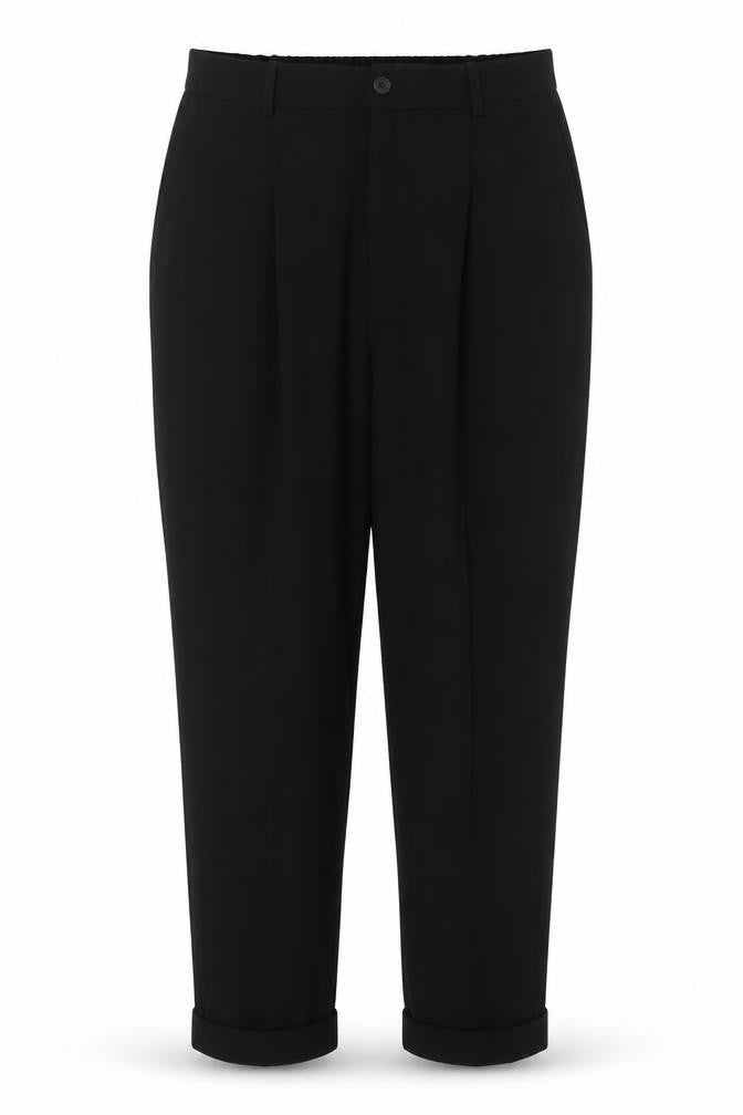 Front view of Preworn women’s black trousers, size L, 24-inch leg