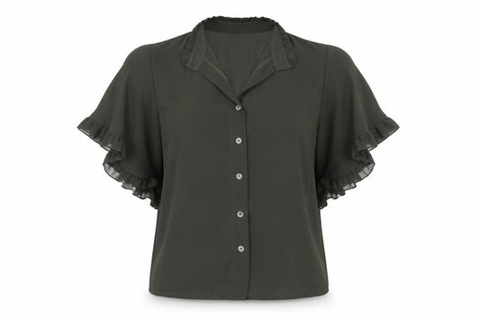 Front view of Boohoo women’s green basic button-up, size UK 6