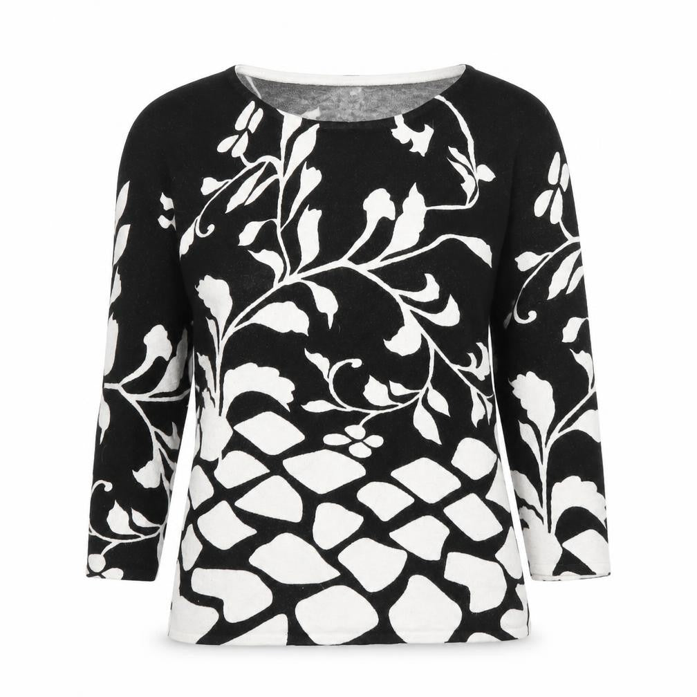 Front view of Mia Moda women’s black floral basic blouse, size S