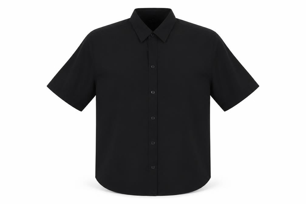 Front view of urban Spitir men’s black button-up, size L