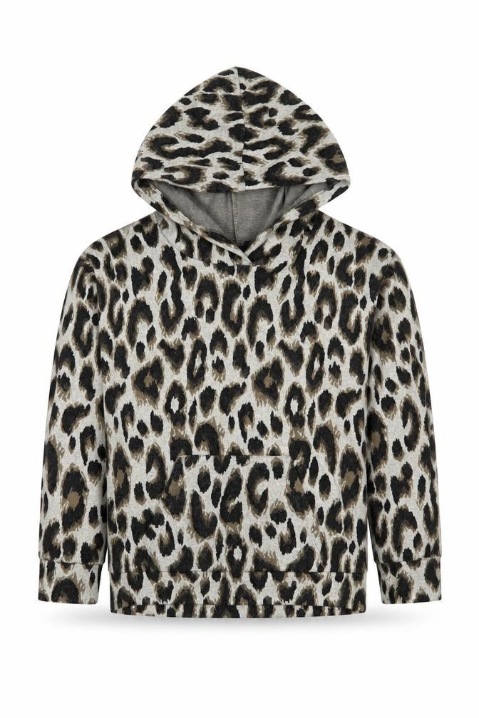 Front view of Matalan girls’ brown animal print pullover hoodie, size 9, years