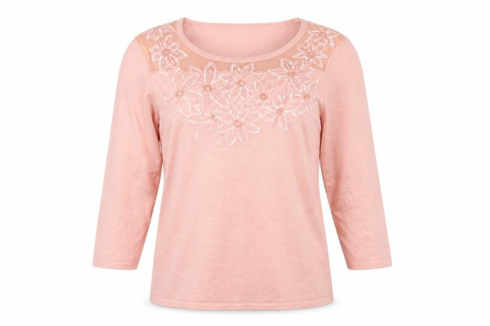 Front view of Damart women’s pink knit jumper, size UK 14