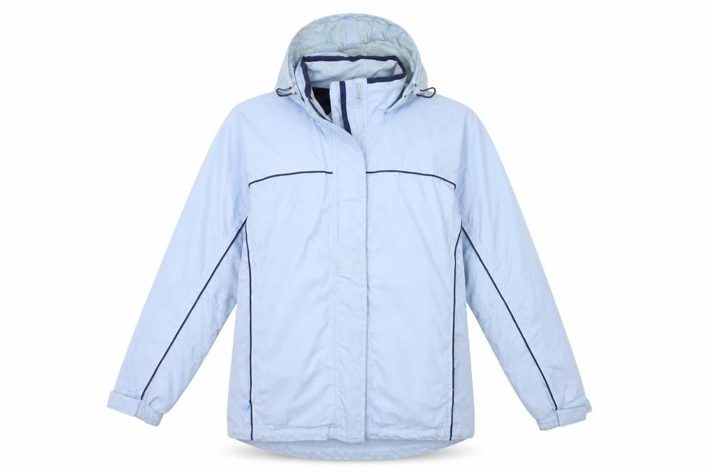 Front view of Crane women’s blue rain coat coat, size M