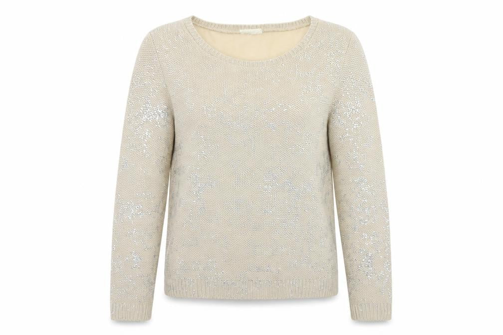 Front view of Preworn women’s beige knit jumper, size UK 8