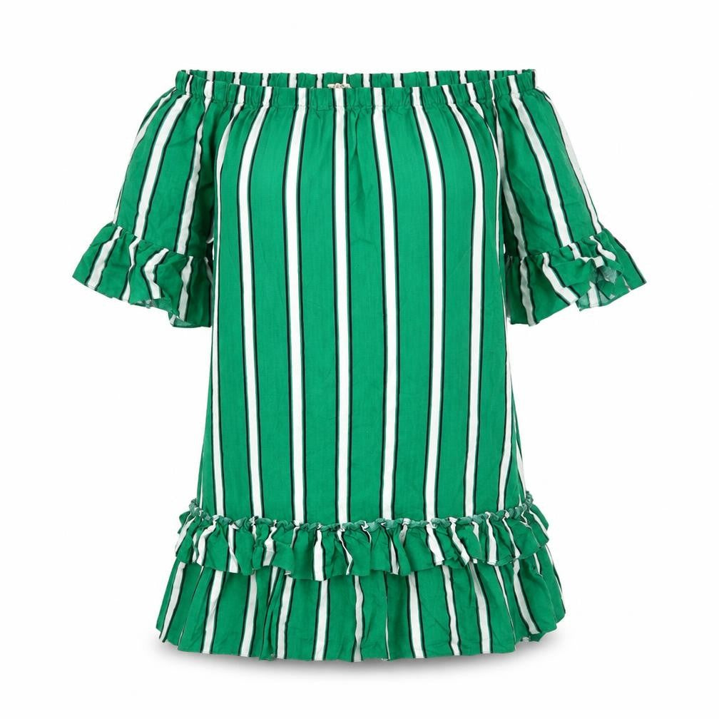 Front view of Papaya women’s green striped rayon shift, size UK 12