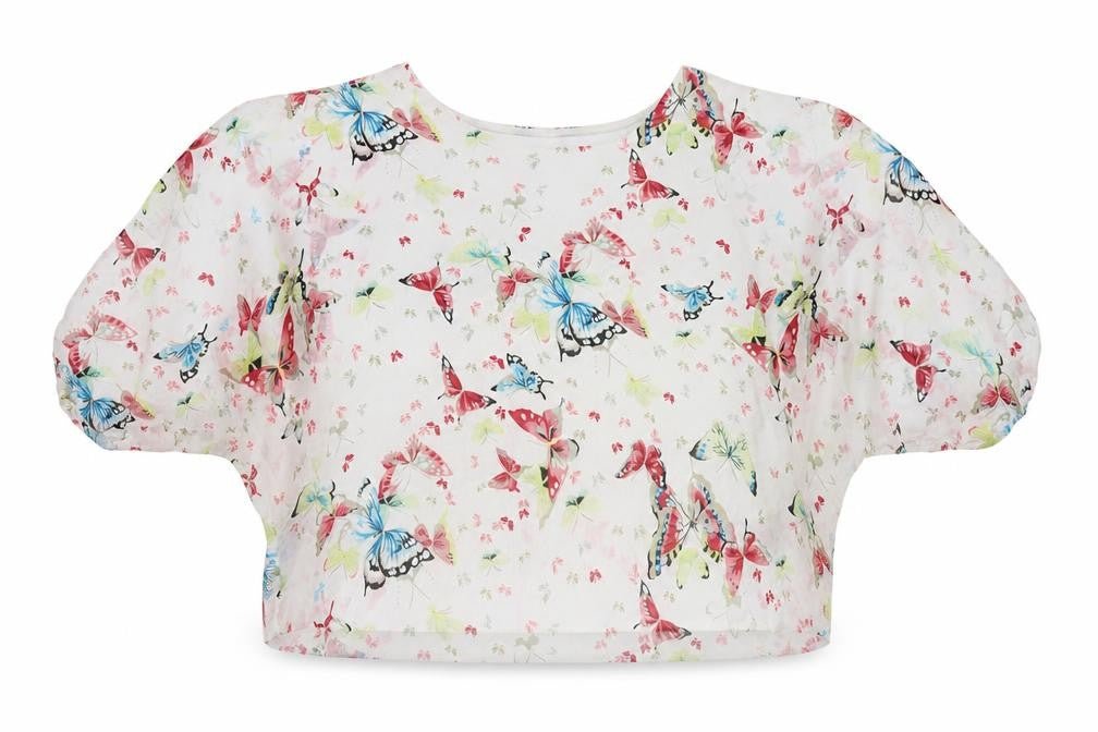 Front view of Cameo Rose women’s white geometric basic blouse, size UK 12, - butteflies