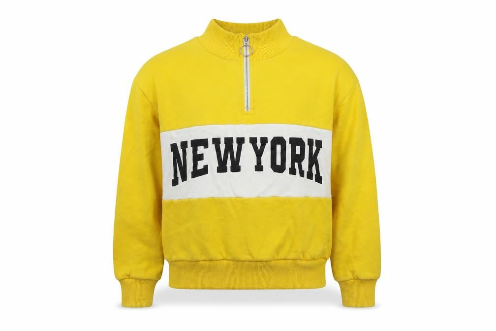 Front view of Primark boys’ yellow colourblock jumper, size 9-10, years