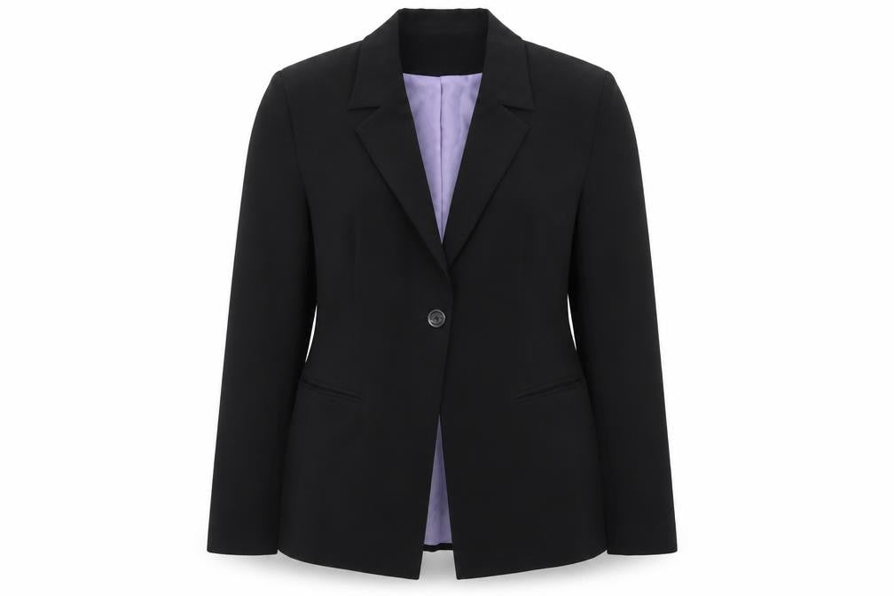 Front view of NL collection women’s black jacket blazer, size UK 14