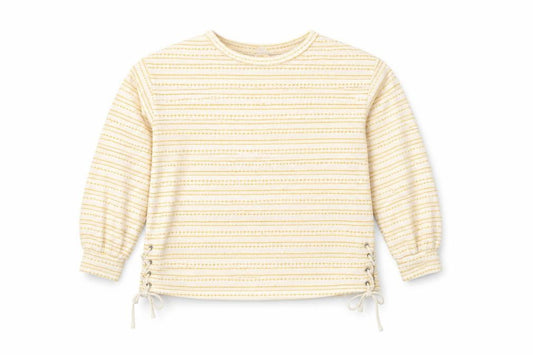 Front view of Matalan women’s yellow striped jumper, size UK 12