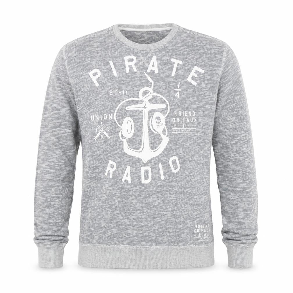 Front view of Friend or Faux men’s grey pullover sweatshirt, size S