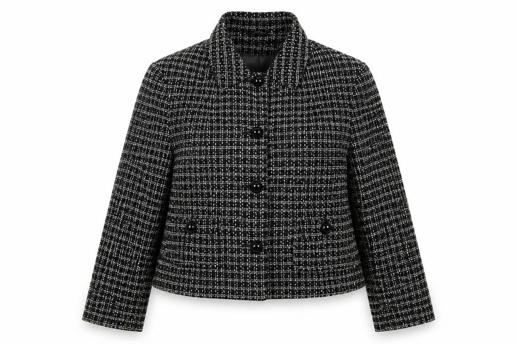 Front view of M&Co women’s black check jacket blazer, size UK 14