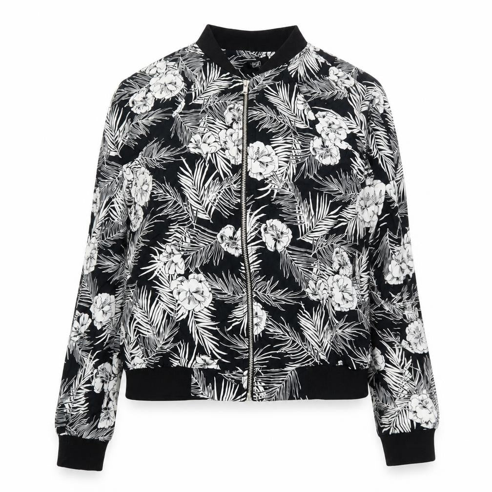 Front view of F&F women’s black floral jacket, size UK 8
