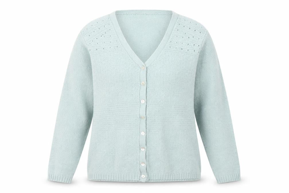 Front view of Bonmarché women’s blue cardigan jumper, size S