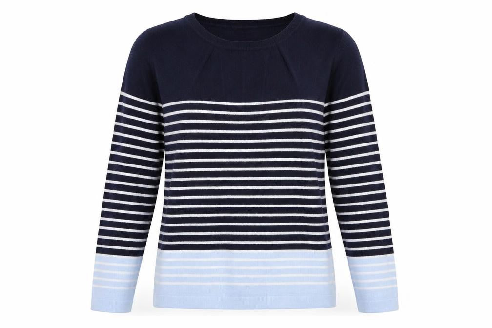 Front view of Bonmarché women’s blue striped jumper, size UK 12