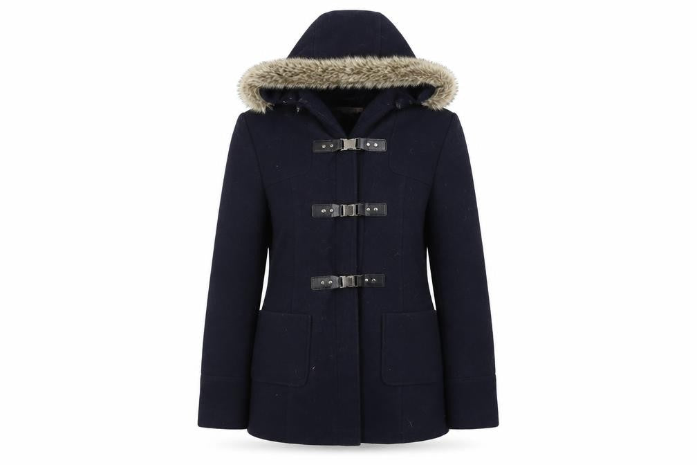 Front view of Debenhams women’s blue jacket coat, size UK 14, - needs clean