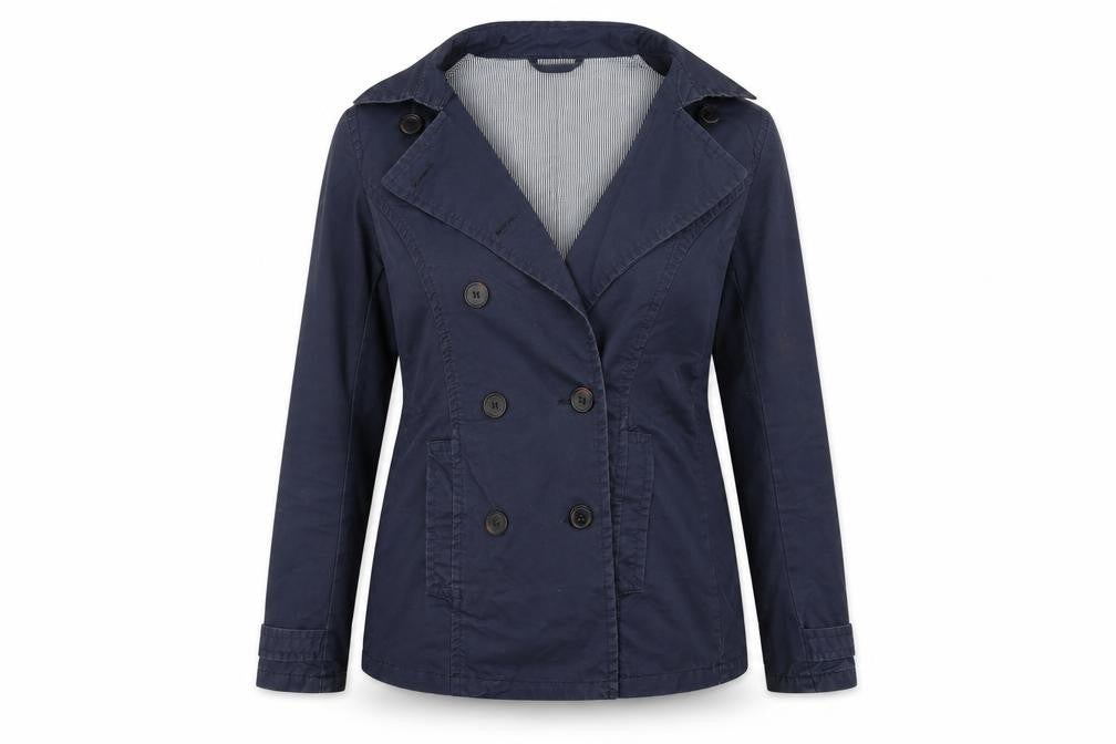 Front view of H&M women’s blue overcoat coat, size UK 8